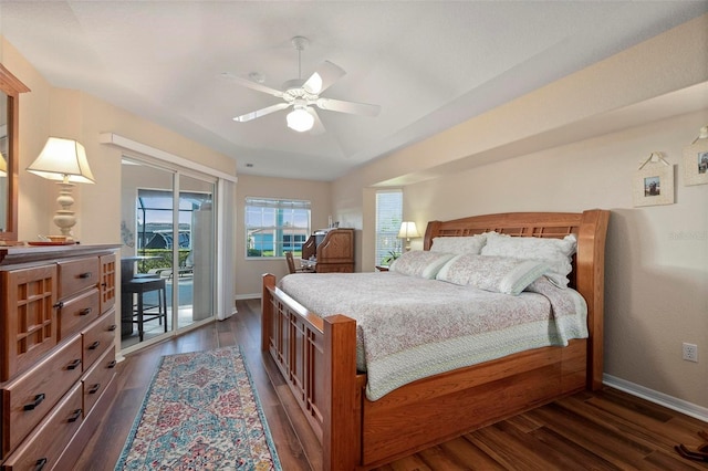 bedroom with ceiling fan, access to exterior, and dark wood-type flooring