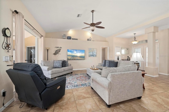 living room with ceiling fan, light tile patterned floors, and lofted ceiling