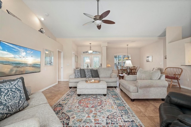 tiled living room with ceiling fan