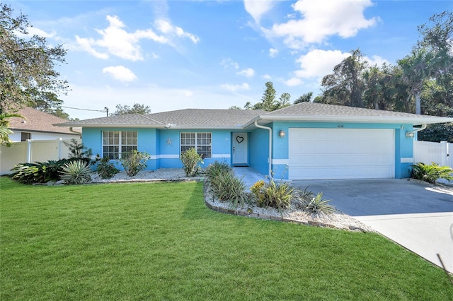 ranch-style house featuring a front yard and a garage