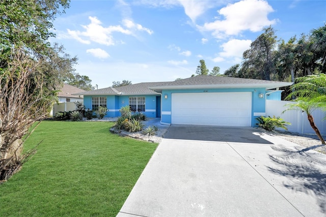 single story home featuring a front yard and a garage