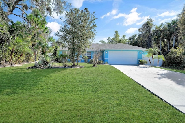 ranch-style house with a garage and a front lawn