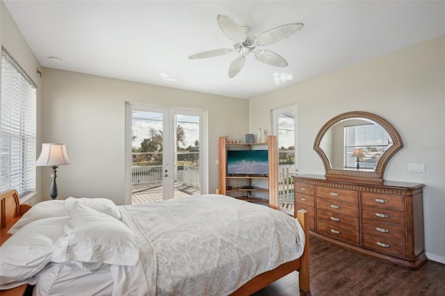 bedroom with dark wood-type flooring, ceiling fan, and access to exterior