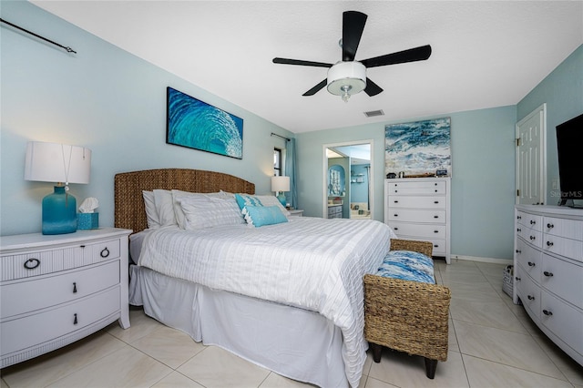 bedroom featuring ceiling fan and light tile patterned flooring