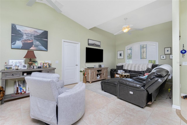 tiled living room with vaulted ceiling and ceiling fan