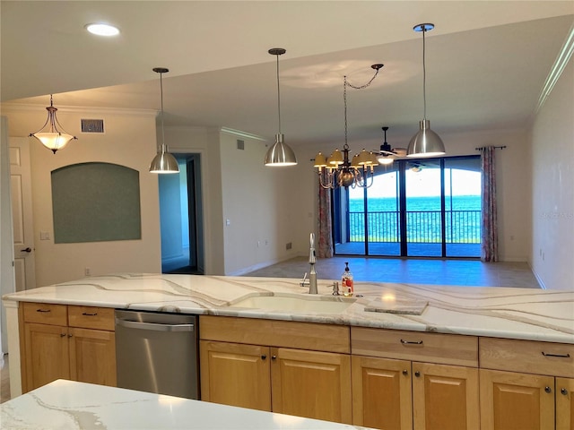 kitchen with ornamental molding and light brown cabinetry