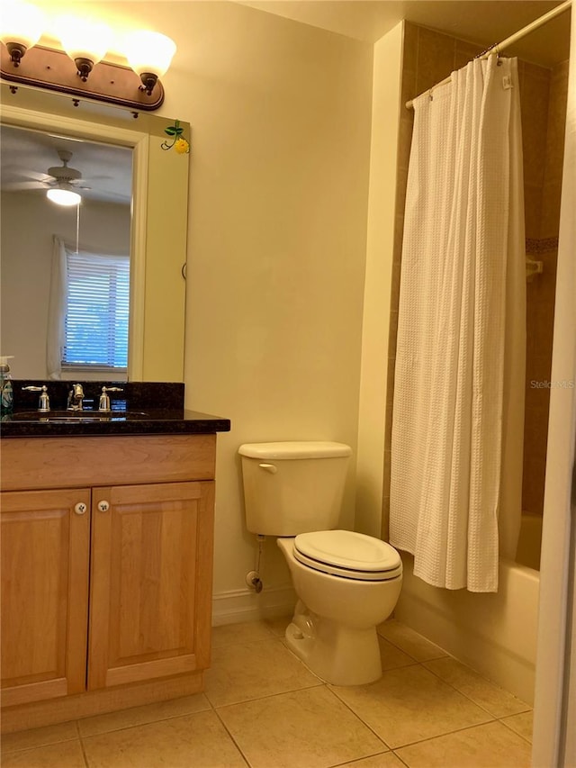 full bathroom featuring vanity, tile patterned flooring, toilet, and shower / bathtub combination with curtain