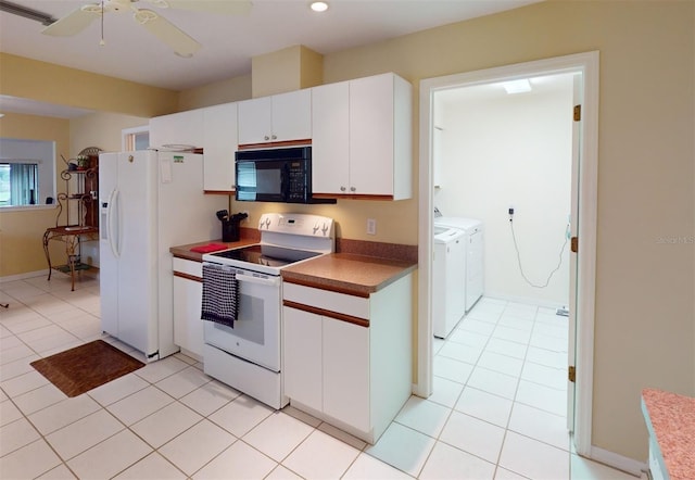 kitchen with ceiling fan, light tile patterned floors, white cabinetry, independent washer and dryer, and white appliances