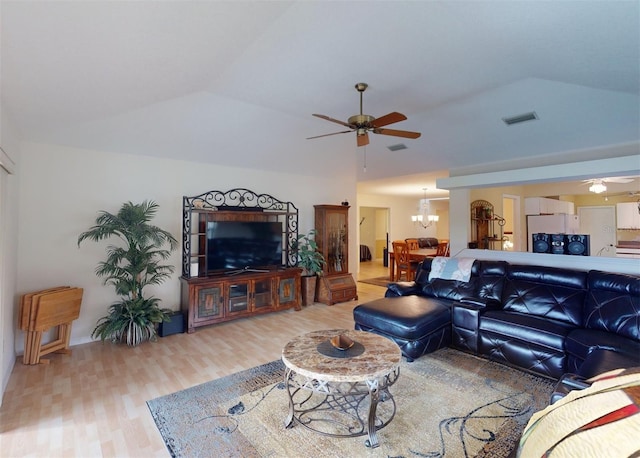 living room with light hardwood / wood-style floors, vaulted ceiling, and ceiling fan with notable chandelier