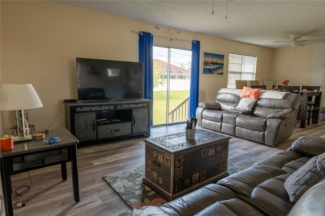 living room featuring a textured ceiling, hardwood / wood-style flooring, and ceiling fan