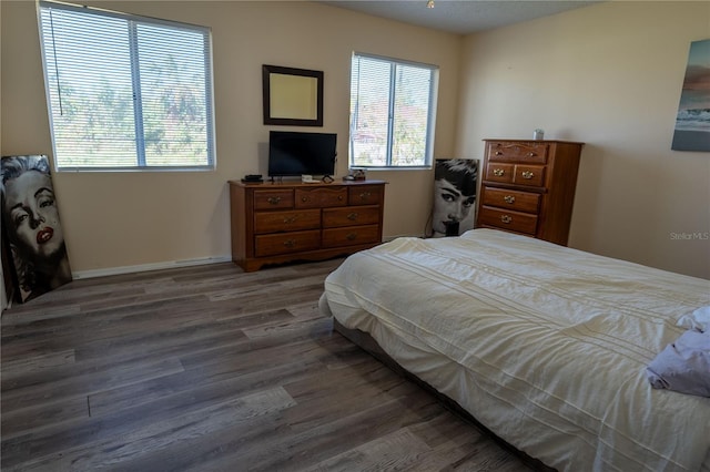 bedroom with dark hardwood / wood-style floors