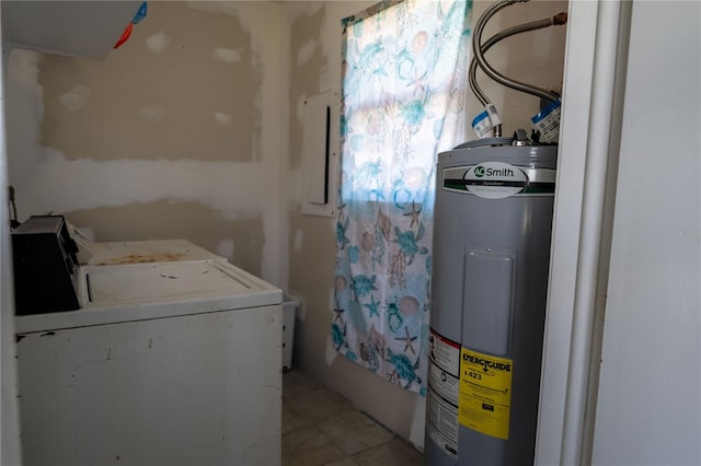 laundry room with electric water heater and washer and clothes dryer