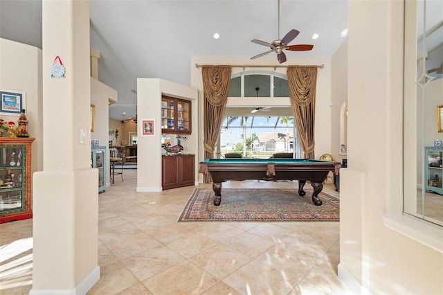 playroom with billiards, a high ceiling, and ceiling fan