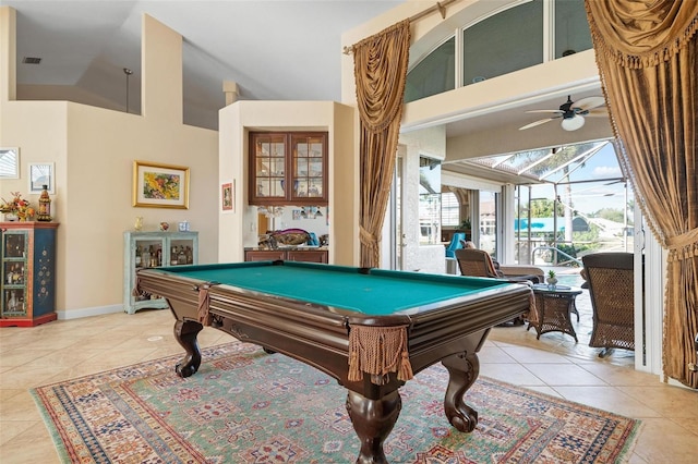 rec room featuring billiards, high vaulted ceiling, and light tile patterned floors