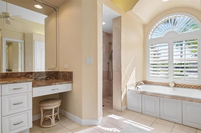 bathroom featuring vanity, separate shower and tub, ceiling fan, and tile patterned floors