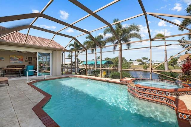 view of swimming pool with a water view, an in ground hot tub, glass enclosure, and a patio