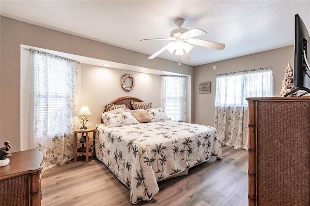 bedroom featuring light hardwood / wood-style flooring, multiple windows, and ceiling fan