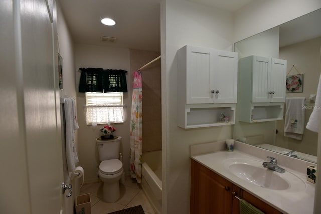 full bathroom featuring vanity, toilet, shower / bathtub combination with curtain, and tile patterned flooring