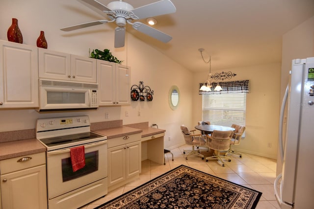 kitchen with white cabinets, ceiling fan, light tile patterned floors, pendant lighting, and white appliances