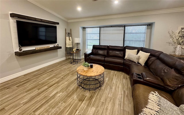 living room with crown molding, vaulted ceiling, and wood-type flooring