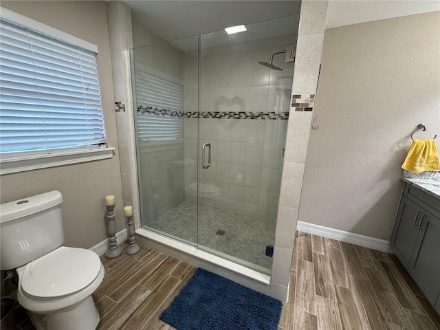 bathroom with vanity, toilet, and a shower with shower door