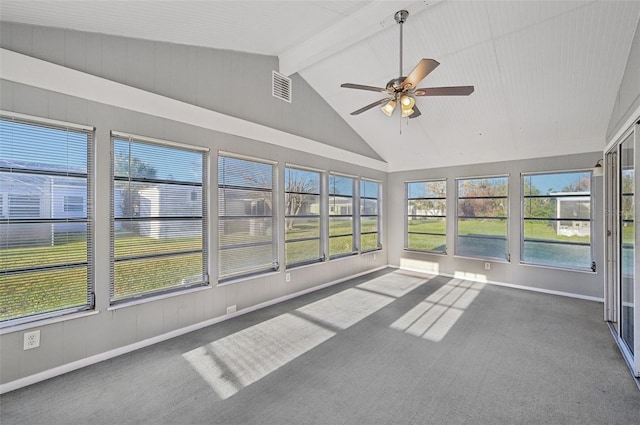 unfurnished sunroom featuring vaulted ceiling with beams and ceiling fan