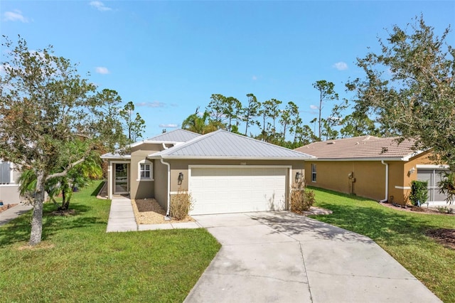 ranch-style home with a front lawn and a garage