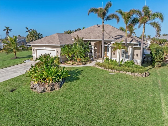 ranch-style house with a front yard and a garage