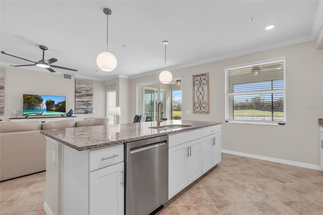 kitchen with dishwasher, hanging light fixtures, a center island with sink, white cabinets, and light stone counters