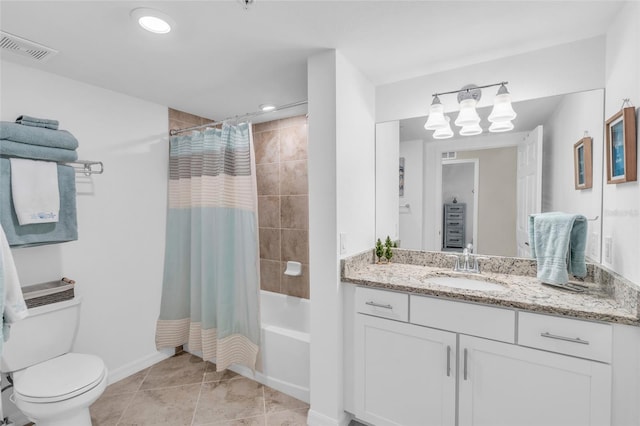 full bathroom with vanity, shower / bath combo, toilet, and tile patterned floors