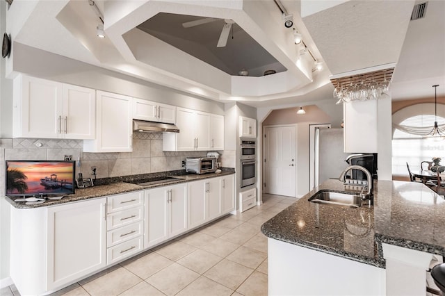 kitchen featuring white cabinetry, rail lighting, sink, and a tray ceiling