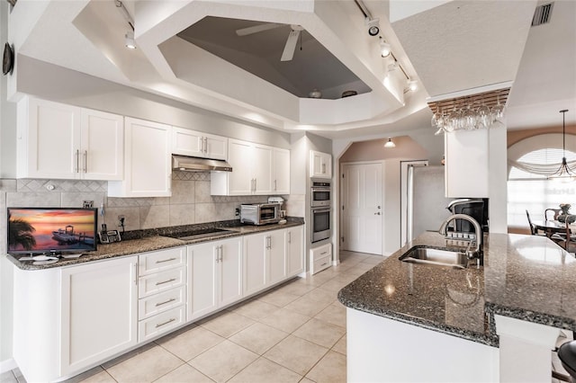 2868 Coral Way, Punta Gorda, FL 33950 - kitchen with a raised ceiling, track lighting, under cabinet range hood, a sink, and decorative backsplash