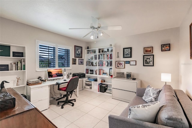 office with ceiling fan and light tile patterned floors