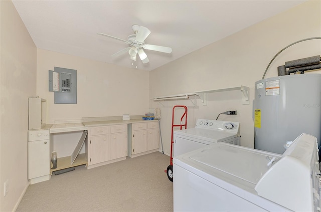 laundry room featuring electric water heater, light carpet, electric panel, ceiling fan, and independent washer and dryer