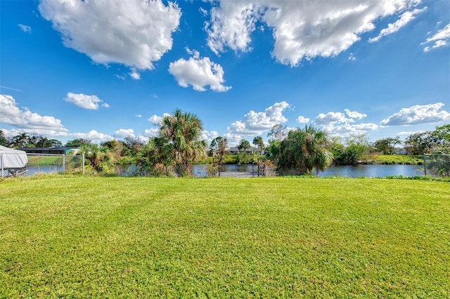 view of yard with a water view