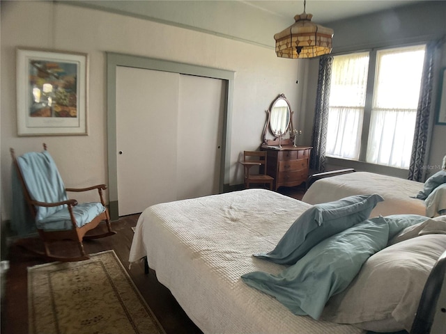 bedroom with a closet and dark hardwood / wood-style flooring