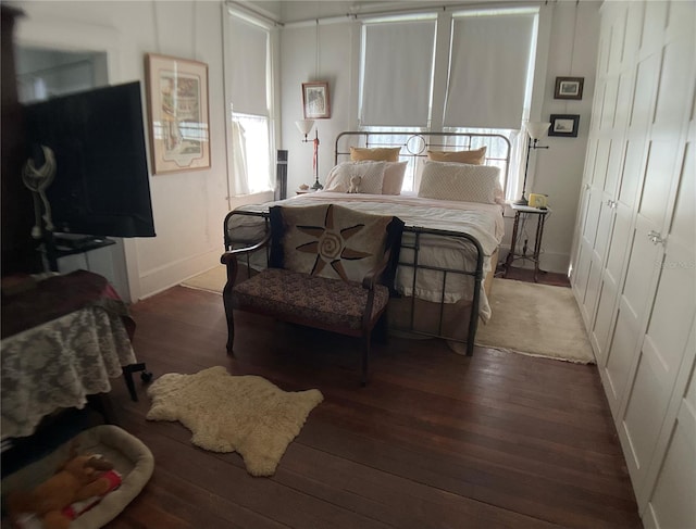 bedroom with dark wood-type flooring and a closet