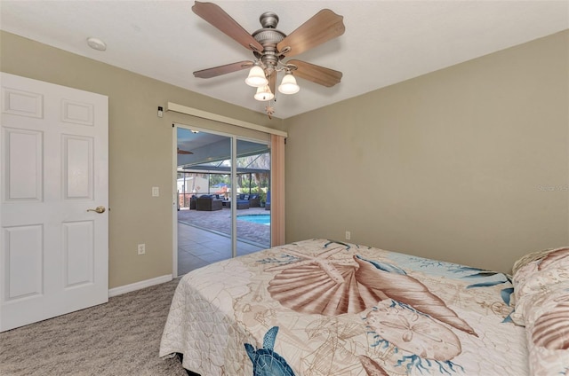 carpeted bedroom with ceiling fan and access to outside