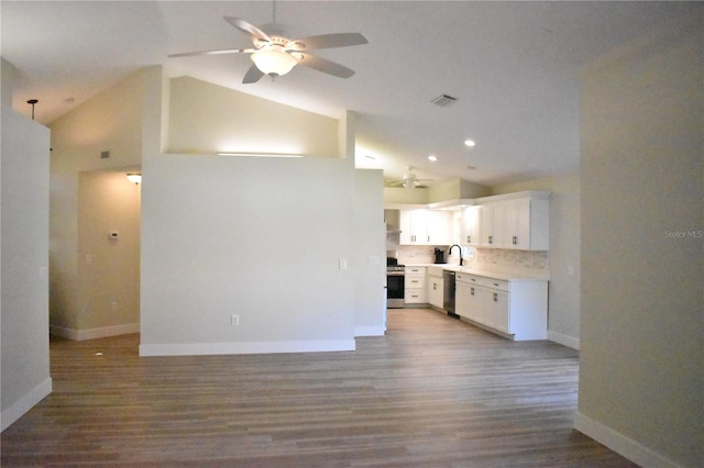 unfurnished living room featuring hardwood / wood-style flooring, high vaulted ceiling, ceiling fan, and sink