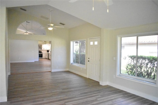 foyer featuring ceiling fan, hardwood / wood-style floors, and vaulted ceiling