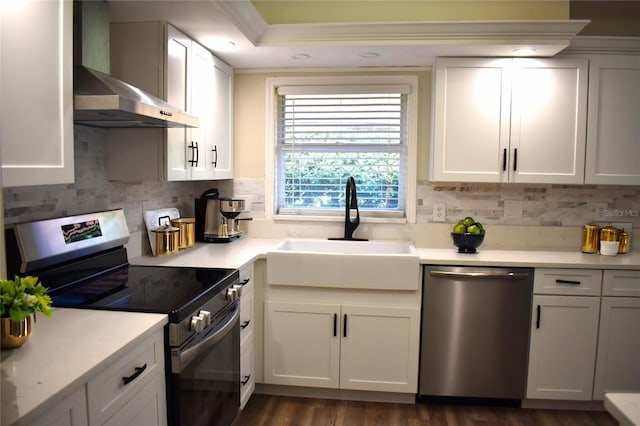 kitchen with white cabinetry, sink, backsplash, stainless steel appliances, and wall chimney range hood