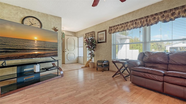 living room with hardwood / wood-style floors, ceiling fan, and a textured ceiling