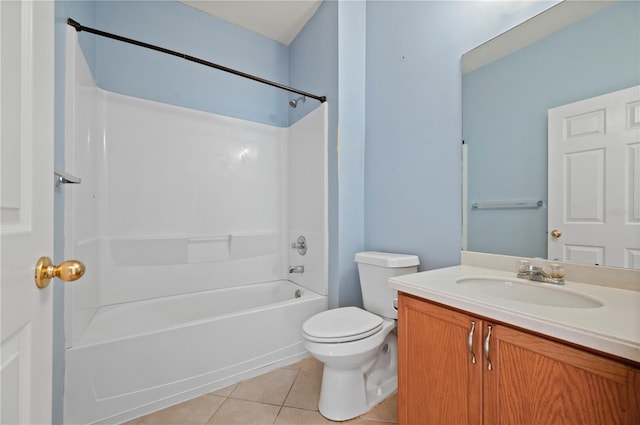 full bathroom with shower / washtub combination, tile patterned flooring, vanity, and toilet