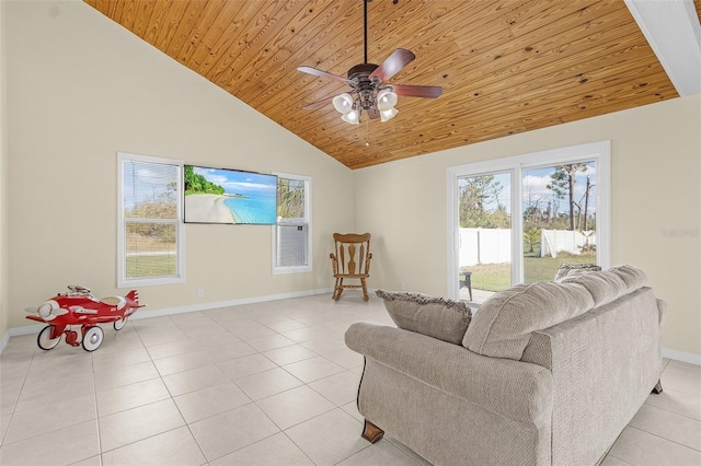 living room with light tile patterned floors, high vaulted ceiling, ceiling fan, and wood ceiling