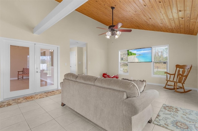 living room featuring beam ceiling, ceiling fan, french doors, wooden ceiling, and light tile patterned flooring