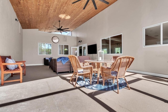 dining room with ceiling fan, high vaulted ceiling, and wooden ceiling