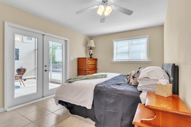 bedroom featuring access to exterior, ceiling fan, french doors, and light tile patterned floors