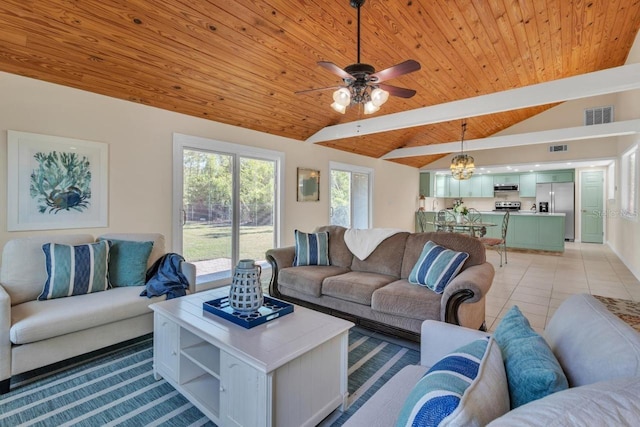 living room with vaulted ceiling with beams, light tile patterned floors, wood ceiling, and ceiling fan with notable chandelier