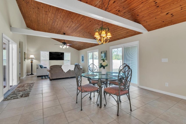 dining room featuring vaulted ceiling with beams, light tile patterned floors, wood ceiling, and ceiling fan with notable chandelier