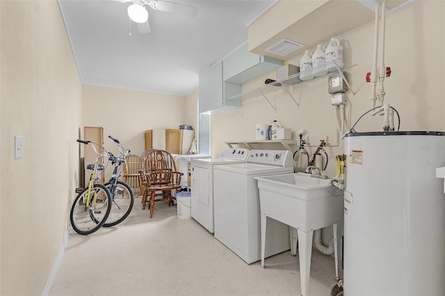 washroom featuring separate washer and dryer, water heater, and ceiling fan